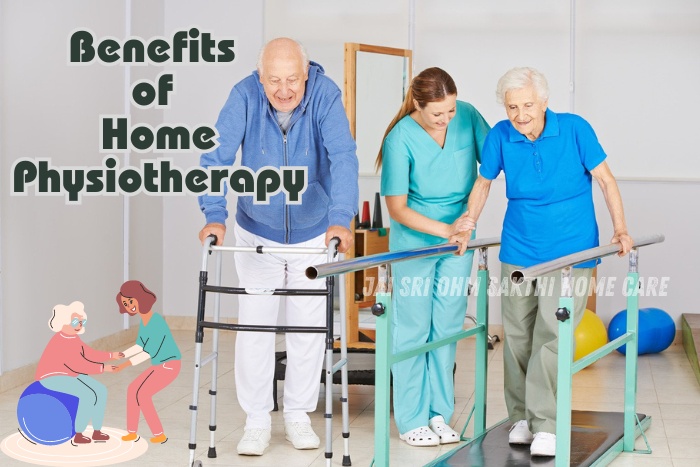 Senior patients receiving physiotherapy support at home in Coimbatore, assisted by a professional from Jai Sri Ohm Sakthi Home Care, illustrating the benefits of home physiotherapy in improving mobility and overall well-being