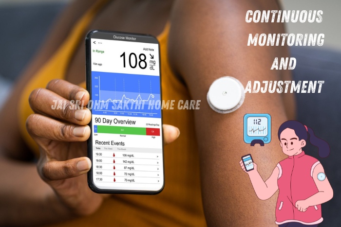Patient in Coimbatore using a continuous glucose monitoring device on their arm, with real-time data displayed on a smartphone, highlighting Jai Sri Ohm Sakthi Home Care's commitment to continuous health monitoring and personalized care adjustments