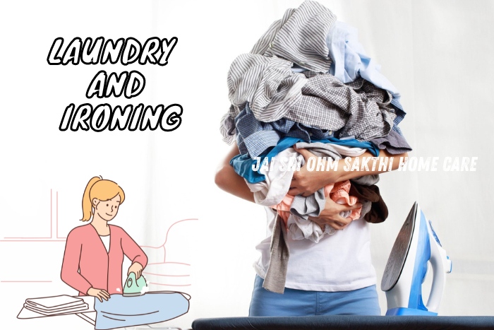 Person holding a large pile of laundry with an ironing board and iron nearby, representing the comprehensive laundry and ironing services offered by Jai Sri Ohm Sakthi Home Care in Coimbatore, ensuring clean and neatly pressed clothes for clients