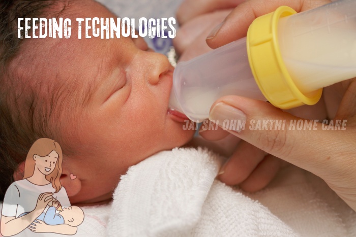 Newborn baby being fed with a specialized bottle, highlighting the advanced feeding technologies and baby care services offered by Jai Sri Ohm Sakthi Home Care in Coimbatore