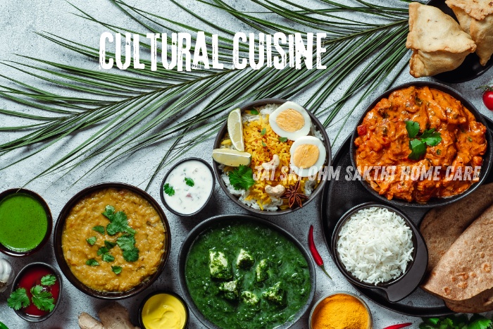 Assortment of vibrant Indian dishes showcasing the rich cultural cuisine, highlighting the culinary expertise and home cook services offered by Jai Sri Ohm Sakthi Home Care in Coimbatore.