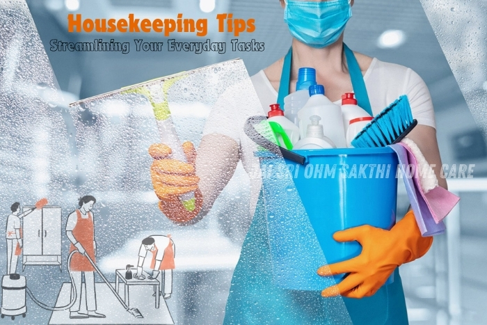 Professional cleaner holding a bucket of cleaning supplies, demonstrating housekeeping tips to streamline everyday tasks, provided by Jai Sri Ohm Sakthi Home Care in Coimbatore to ensure a spotless and organized home.