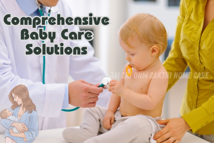 Doctor examining a baby with a stethoscope, representing the comprehensive baby care solutions provided by Jai Sri Ohm Sakthi Home Care in Coimbatore, ensuring the best health and well-being for your child