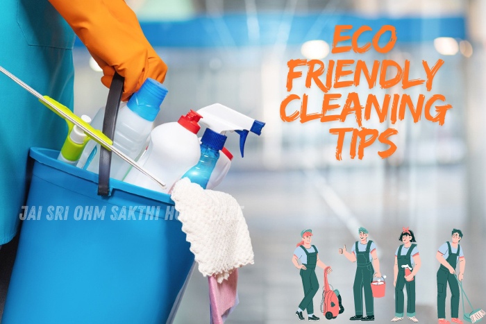 Bucket filled with eco-friendly cleaning supplies, highlighting Jai Sri Ohm Sakthi Home Care's commitment to providing sustainable cleaning tips and services in Coimbatore for a healthier home environment