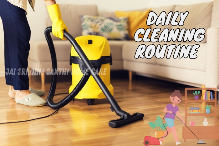 Person vacuuming the living room floor, demonstrating the daily cleaning routine offered by Jai Sri Ohm Sakthi Home Care in Coimbatore to maintain a clean and organized home environment