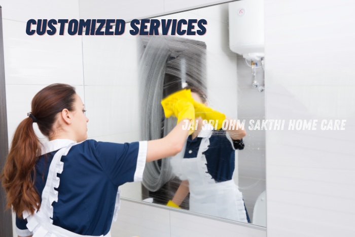 Professional maid cleaning a bathroom mirror, illustrating the customized housekeeping services offered by Jai Sri Ohm Sakthi Home Care in Coimbatore to meet individual client needs