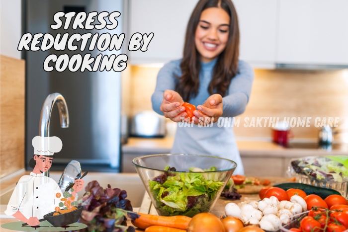 Smiling woman preparing a fresh salad in the kitchen, showcasing how Jai Sri Ohm Sakthi Home Care's professional home cooking services in Coimbatore can help reduce stress through nutritious and delicious meals