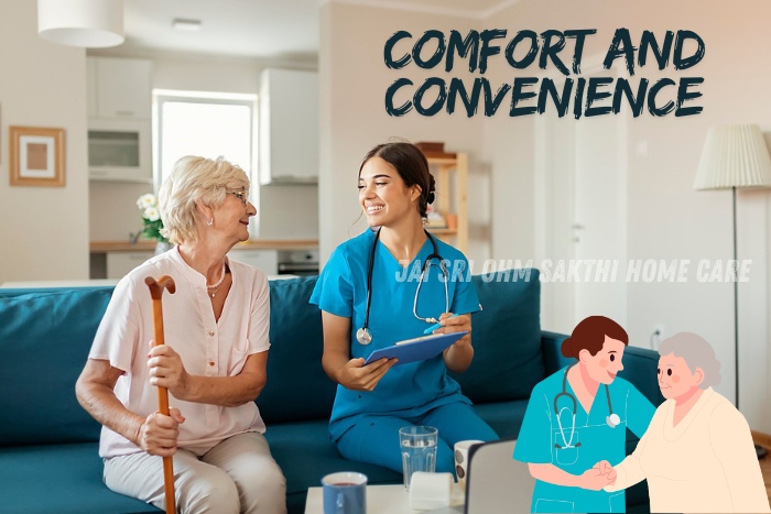 Nurse providing care and companionship to a happy elderly woman in her living room, highlighting the comfort and convenience of elderly care services by Jai Sri Ohm Sakthi Home Care in Coimbatore