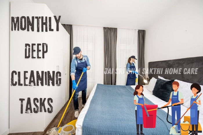 Team of professional cleaners performing monthly deep cleaning tasks in a bedroom, showcasing the comprehensive cleaning services provided by Jai Sri Ohm Sakthi Home Care in Coimbatore to maintain a pristine living environment