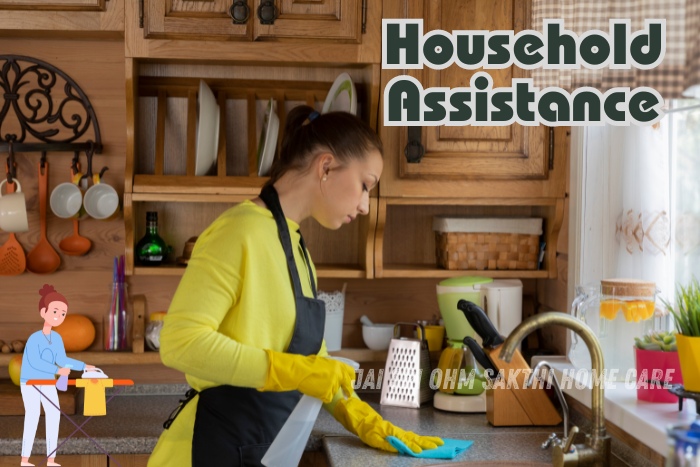 A dedicated home maid providing household assistance by cleaning a kitchen. Jai Sri Ohm Sakthi Home Care in Coimbatore offers professional home maid services to ensure a clean and organized living space.