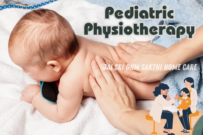 A pediatric physiotherapist from Jai Sri Ohm Sakthi Home Care in Coimbatore gently massages a baby, highlighting the benefits of pediatric physiotherapy for promoting healthy development and well-being in infants