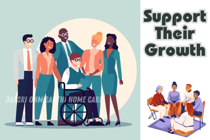 Group of diverse caregivers and a person in a wheelchair, illustrating support and growth. Jai Sri Ohm Sakthi Home Care in Coimbatore provides comprehensive elder care services to foster well-being and development.