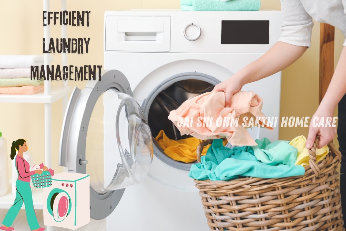 A person loading colorful clothes into a washing machine, highlighting 'Efficient Laundry Management' services offered by Jai Sri Ohm Sakthi Home Care in Coimbatore. Ensuring clean, fresh laundry with our expert care