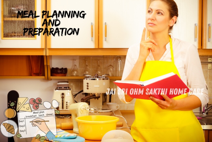 A thoughtful woman in a kitchen holding a red recipe book, representing 'Meal Planning and Preparation' - Jai Sri Ohm Sakthi Home Care, Coimbatore. Expert meal planning and preparation services for nutritious and delicious home-cooked meals