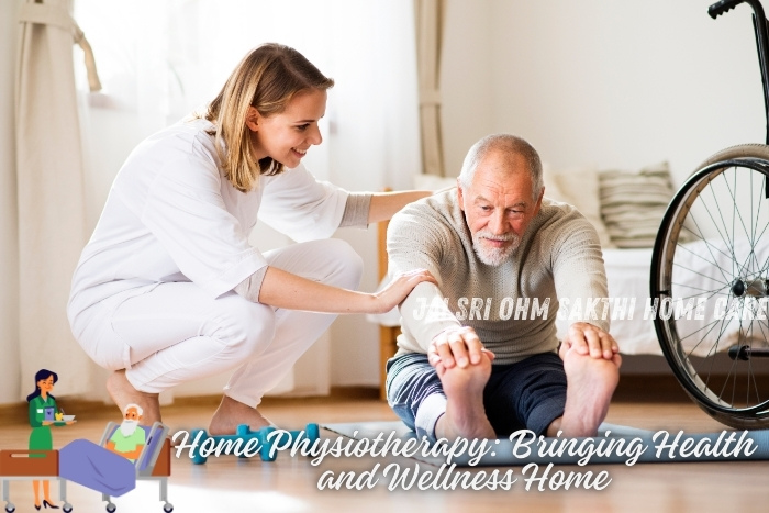 A dedicated physiotherapist from Jai Sri Ohm Sakthi Home Care in Coimbatore assists an elderly man with stretching exercises at home, emphasizing the benefits of home physiotherapy for bringing health and wellness to the comfort of one's own home