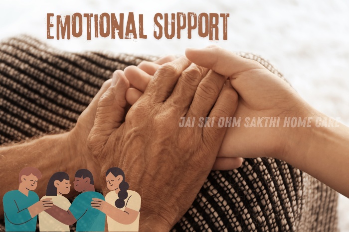 Hands providing comfort with the caption 'Emotional Support,' illustrating Jai Sri Ohm Sakthi Home Care's commitment to offering compassionate care and emotional support services in Coimbatore.