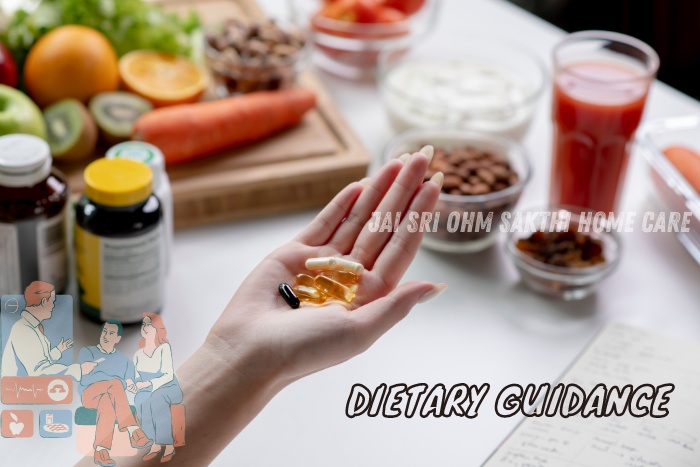 Hand holding dietary supplements with fresh vegetables, fruits, and juice in the background, illustrating dietary guidance provided by Jai Sri Ohm Sakthi Home Care in Coimbatore