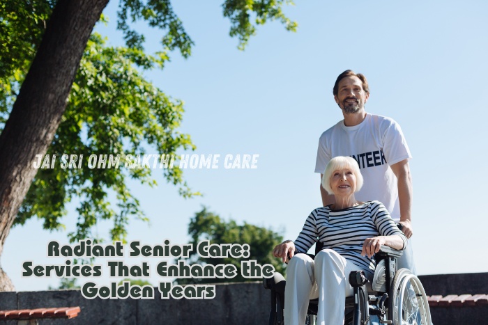 An elderly woman in a wheelchair enjoying the outdoors with her caregiver. Jai Sri Ohm Sakthi Home Care in Coimbatore provides radiant senior care services to enhance the golden years and ensure the well-being and happiness of your loved ones