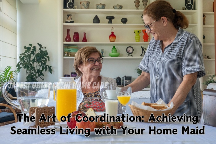 Elderly woman enjoying a meal served by a smiling home maid in a cozy living room. Jai Sri Ohm Sakthi Home Care offers professional home maid services in Coimbatore for seamless living and top-notch care