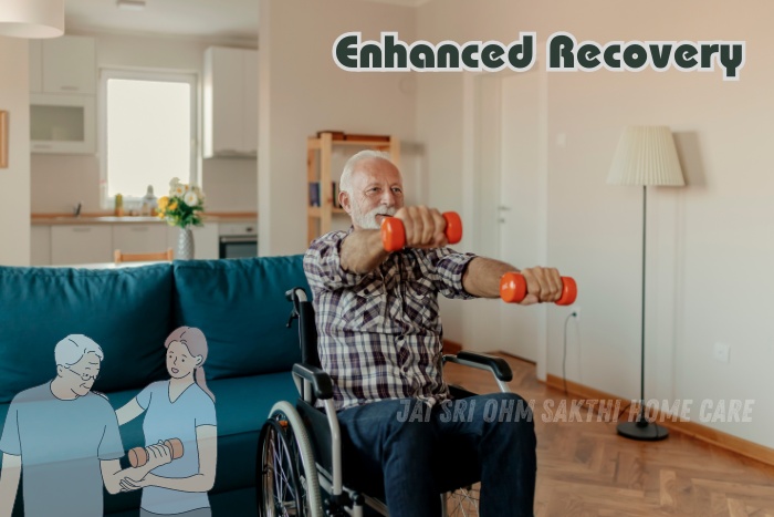 An elderly man using weights for physical therapy with the caption 'Enhanced Recovery,' highlighting Jai Sri Ohm Sakthi Home Care's professional home nursing care services in Coimbatore for improved rehabilitation and well-being