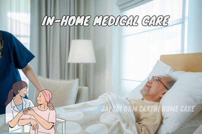 An elderly patient receiving attentive in-home medical care. Jai Sri Ohm Sakthi Home Care in Coimbatore offers comprehensive in-home medical care services to ensure the well-being and comfort of your loved ones