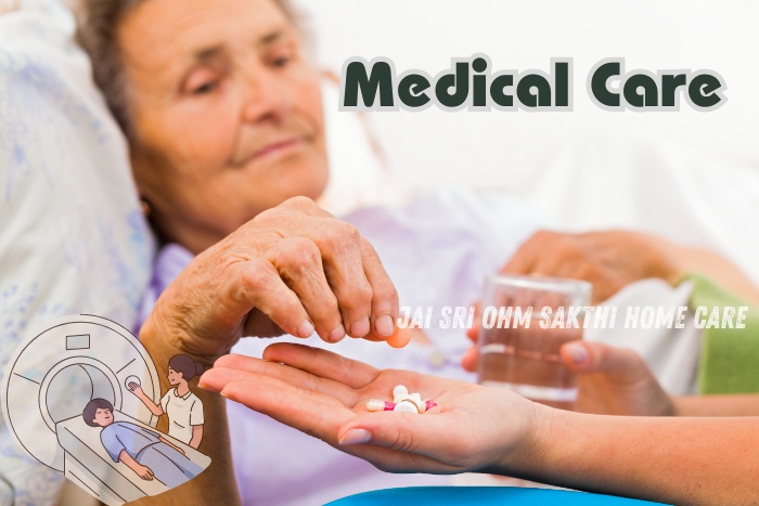 An elderly patient receiving medical care at home with the assistance of Jai Sri Ohm Sakthi Home Care in Coimbatore, showcasing the importance of personalized healthcare and medication management for improved well-being.