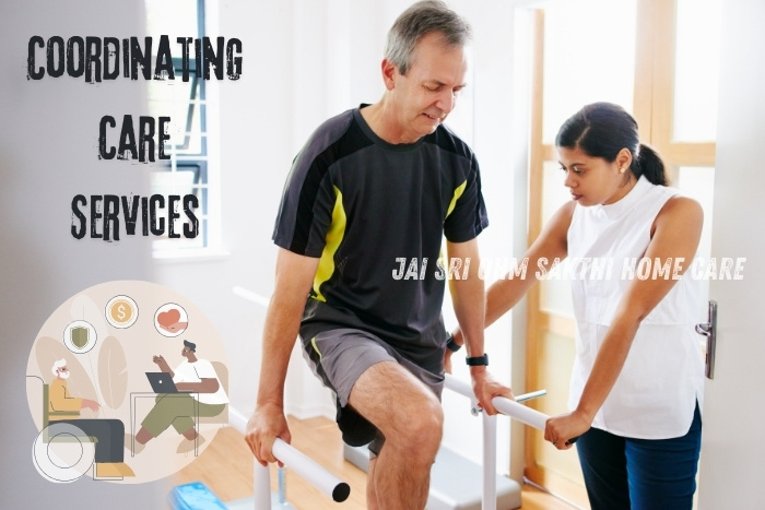 A caregiver from Jai Sri Ohm Sakthi Home Care in Coimbatore assists a middle-aged man with physiotherapy exercises, highlighting the 'Coordinating Care Services' offered for comprehensive and supportive home care