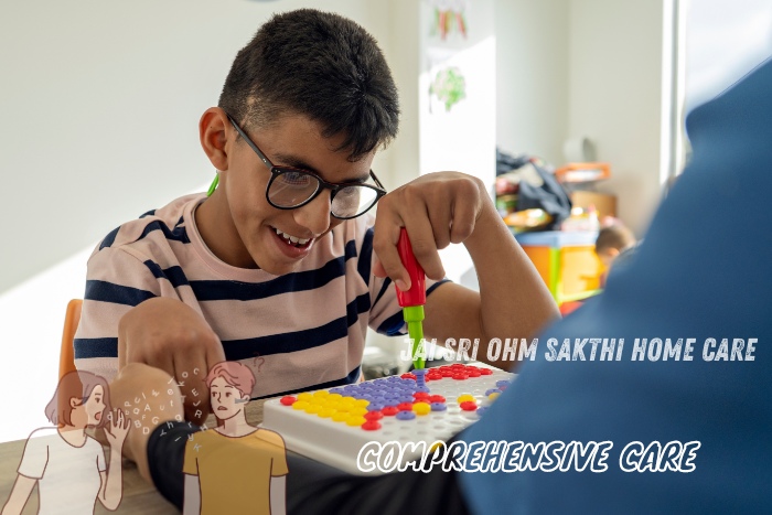 A young boy engaged in a developmental activity, receiving comprehensive care from Jai Sri Ohm Sakthi Home Care in Coimbatore. This image highlights the dedicated support and specialized services provided to enhance the well-being and growth of children with special needs.