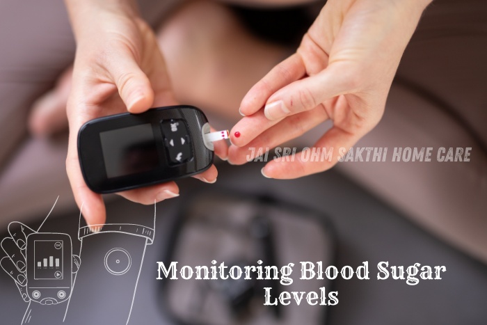 Close-up of a person monitoring blood sugar levels using a glucose meter, representing the diabetic patient care services provided by Jai Sri Ohm Sakthi Home Care in Coimbatore