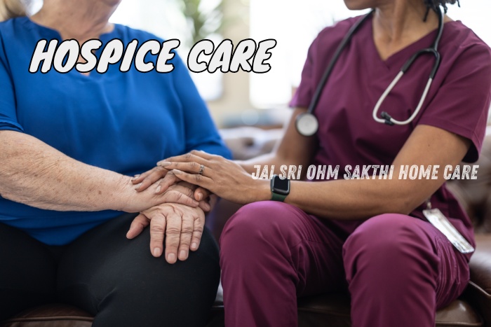 Close-up of a hospice nurse providing comforting care to an elderly patient, highlighting the compassionate end-of-life support services offered by Jai Sri Ohm Sakthi Home Care in Coimbatore