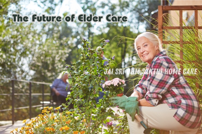 Elderly woman gardening with a smile, representing active and fulfilling elder care. Jai Sri Ohm Sakthi Home Care in Coimbatore provides innovative and compassionate elder care services, focusing on enhancing the quality of life for seniors in their golden years."