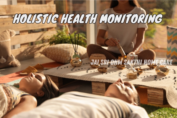 Tranquil setting depicting a holistic health monitoring session, with two individuals relaxing while a practitioner conducts aromatherapy. Jai Sri Ohm Sakthi Home Care in Coimbatore offers comprehensive wellness services that integrate physical, mental, and emotional health care, ensuring a balanced and holistic approach to well-being