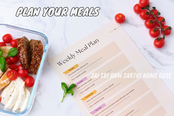 Weekly meal plan alongside a healthy meal prep, showcasing Jai Sri Ohm Sakthi Home Care's personalized meal planning services in Coimbatore, designed to meet diverse dietary preferences and nutritional needs.