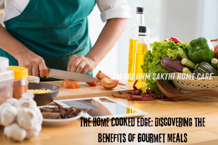 Chef preparing fresh vegetables for a gourmet meal in a home kitchen, highlighting Jai Sri Ohm Sakthi Home Care's premium home-cooked meal services in Coimbatore, offering the benefits of nutritious and personalized dining experiences