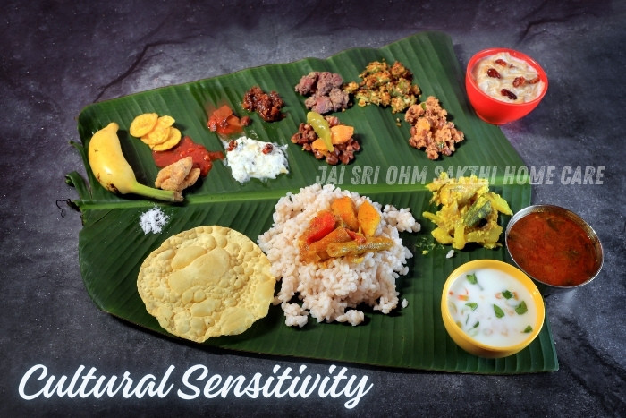 Traditional South Indian meal served on a banana leaf, showcasing cultural sensitivity in food preparation by Jai Sri Ohm Sakthi Home Care in Coimbatore, offering personalized dietary care that respects local customs and preferences