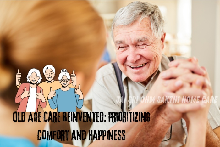 Elderly man smiling and holding hands, symbolizing the joy and comfort in elder care. Jai Sri Ohm Sakthi Home Care in Coimbatore focuses on reinventing old age care, prioritizing the comfort and happiness of seniors for a fulfilling life