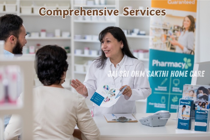 Friendly healthcare professional at Jai Sri Ohm Sakthi Home Care in Coimbatore discussing comprehensive services with clients. Our team provides personalized care solutions tailored to meet your specific needs, ensuring quality and comfort