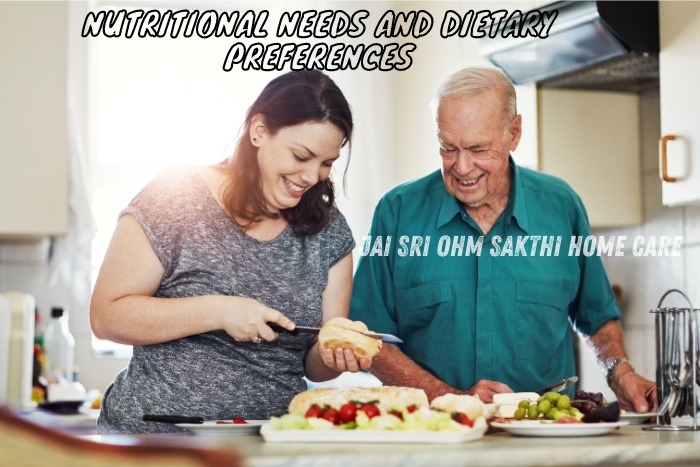 A young caregiver assists a senior man in the kitchen, preparing a healthy meal that meets his nutritional needs and dietary preferences, showcasing the personalized care services provided by Jai Sri Ohm Sakthi Home Care in Coimbatore.