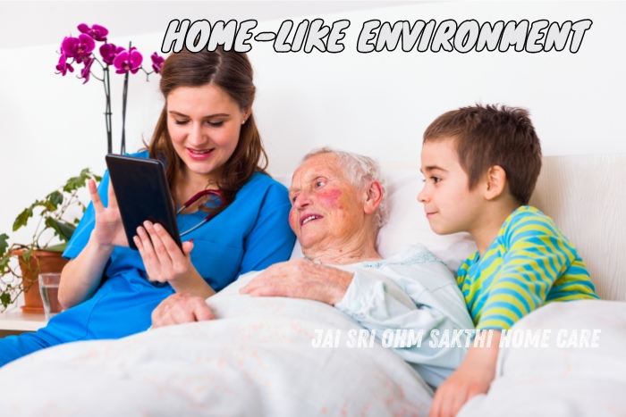 A caring nurse, an elderly patient, and a young boy enjoy a tablet together, reflecting a warm, home-like environment provided by Jai Sri Ohm Sakthi Home Care in Coimbatore, dedicated to delivering compassionate elder care in familiar surroundings