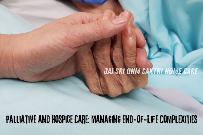 Close-up of compassionate hands holding each other, symbolizing the dedicated palliative and hospice care services provided by Jai Sri Ohm Sakthi Home Care in Coimbatore, focusing on managing the complexities of end-of-life care with empathy and support.