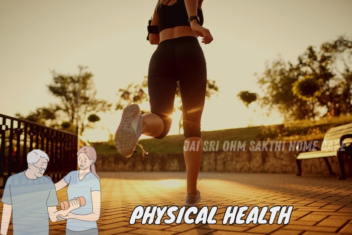 Young woman jogging outdoors at sunrise, promoting physical health and well-being. Jai Sri Ohm Sakthi Home Care in Coimbatore provides comprehensive home care services focused on enhancing physical health through personalized exercise and rehabilitation plans for seniors