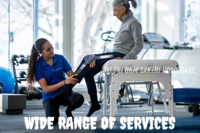 Elderly woman receiving physiotherapy care from a professional caregiver at Jai Sri Ohm Sakthi Home Care in Coimbatore, offering a wide range of personalized home nursing and rehabilitation services