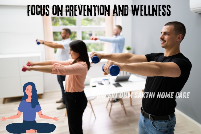 Group fitness session focusing on prevention and wellness through regular exercise and mindfulness. Jai Sri Ohm Sakthi Home Care in Coimbatore promotes a holistic approach to health with personalized wellness programs aimed at improving physical fitness and overall well-being