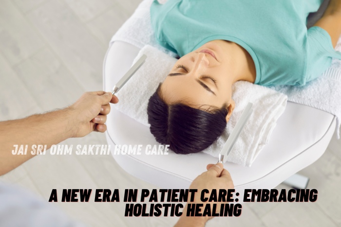 Relaxing holistic therapy session with tuning forks aimed at enhancing patient care through natural healing methods. Jai Sri Ohm Sakthi Home Care in Coimbatore offers a new era in patient care by embracing holistic healing practices for overall well-being and recovery