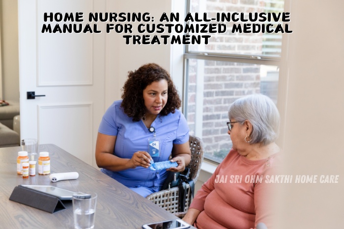 A caregiver in a blue uniform explaining medication details to an elderly woman in a cozy home setting. This image illustrates the personalized approach to home nursing provided by Jai Sri Ohm Sakthi Home Care in Coimbatore. It emphasizes the importance of customized medical treatment plans tailored to individual patient needs