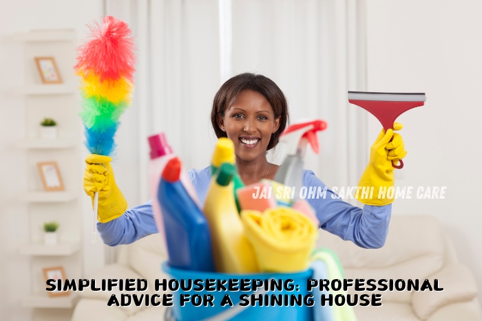 A cheerful housekeeper wearing yellow gloves, holding various cleaning supplies, including a duster and squeegee, in a bright living room. This image represents the simplified housekeeping services offered by Jai Sri Ohm Sakthi Home Care in Coimbatore,