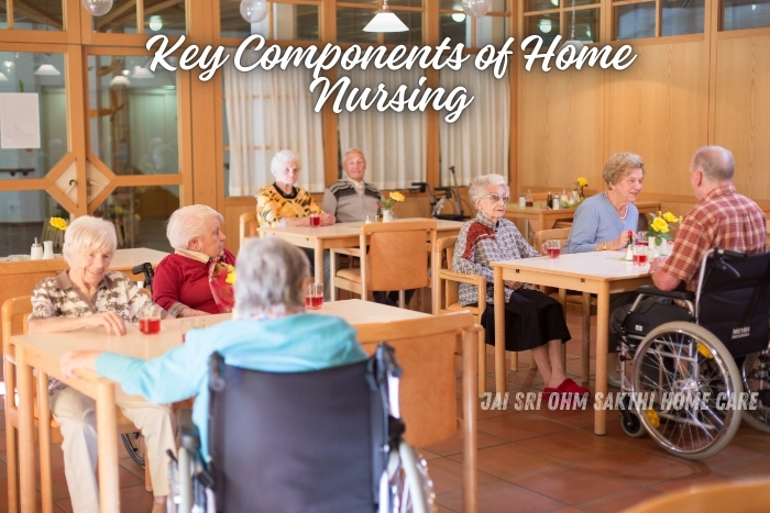 A group of elderly individuals seated at tables in a bright and welcoming room, enjoying refreshments and companionship. This image represents the key components of home nursing provided by Jai Sri Ohm Sakthi Home Care in Coimbatore. It highlights the importance of social interaction, nutrition, and supportive environments in enhancing the quality of life for seniors.