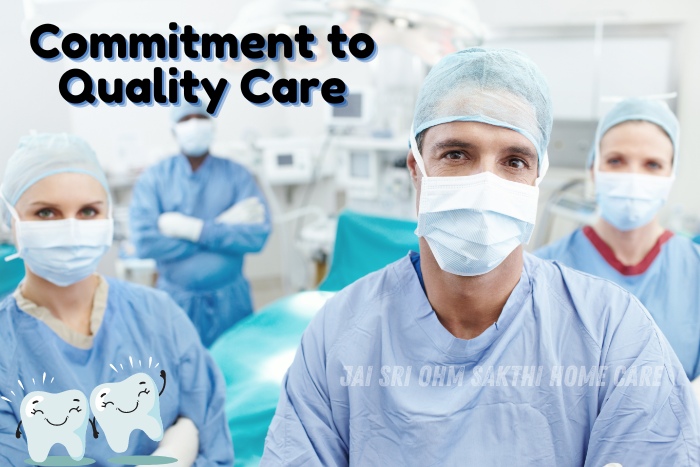 A team of healthcare professionals in surgical attire, including masks and caps, demonstrating their commitment to quality care at Jai Sri Ohm Sakthi Home Care in Coimbatore. The diverse group of caregivers stands confidently in a medical setting, highlighting their dedication to providing exceptional home nursing and healthcare services tailored to individual needs