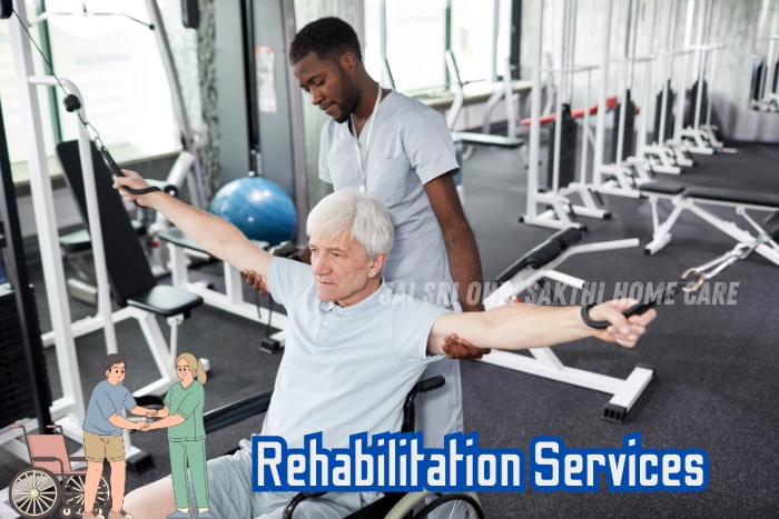 A caregiver assisting an elderly man in a rehabilitation exercise at a gym, demonstrating the personalized rehabilitation services provided by Jai Sri Ohm Sakthi Home Care in Coimbatore. The caregiver is helping the man to strengthen his arms, emphasizing the importance of tailored rehabilitation plans for recovery and improved mobility