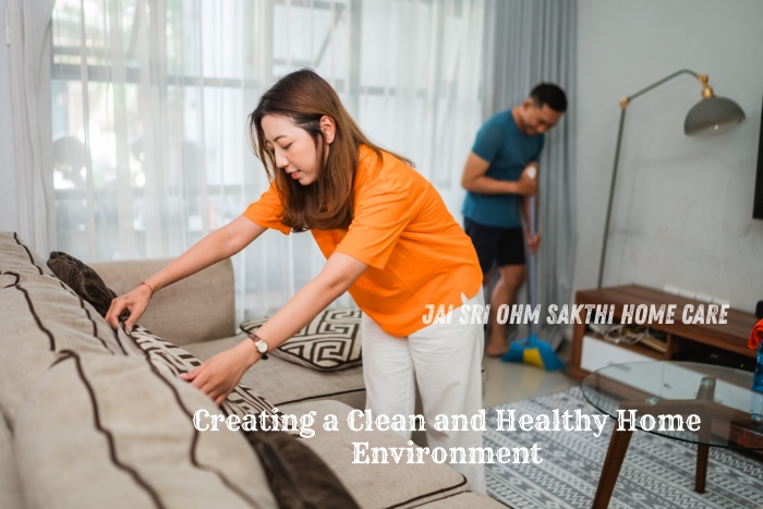 A woman in an orange shirt tidying up a sofa while a man exercises in the background, showcasing teamwork in maintaining a clean and healthy home environment. This image illustrates the importance of a well-kept living space, reflecting the housekeeping services provided by Jai Sri Ohm Sakthi Home Care in Coimbatore. It emphasizes their commitment to promoting wellness through a clean home